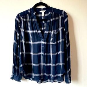 H & M Navy Plaid Long Sleeve Shirt